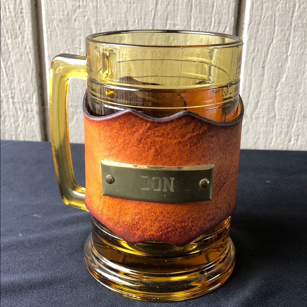 Vintage Amber Beer Glass Mug with Leather Wrap